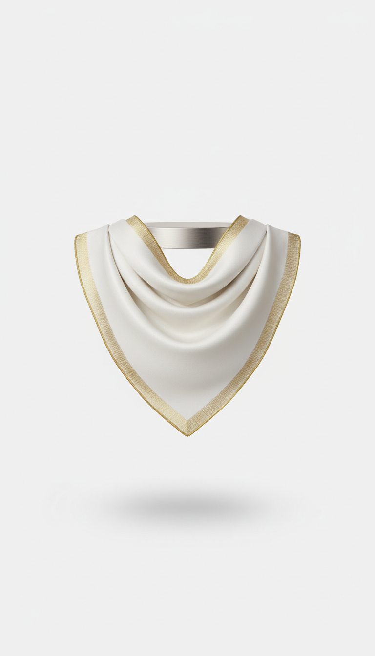 Whisper white square scarf with hand-finished gold border