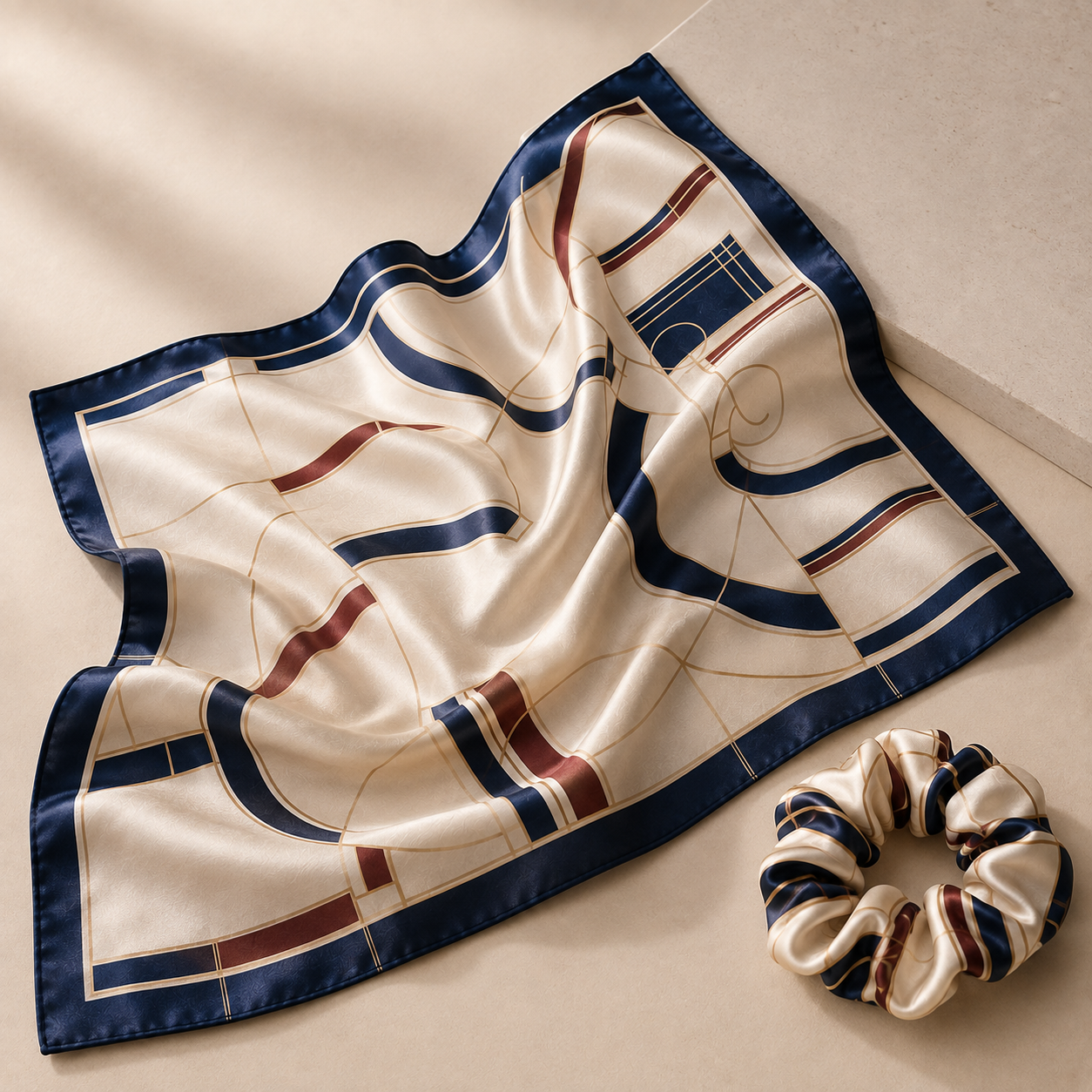 Woman wearing a navy and burgundy silk scarf with a matching scrunchie
