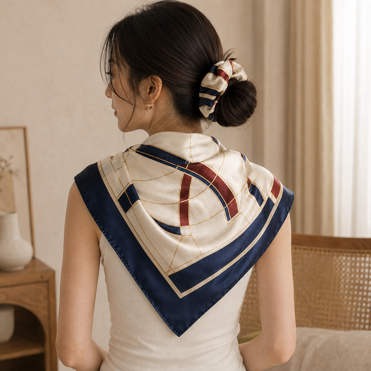 Silk scarf and matching scrunchie displayed together