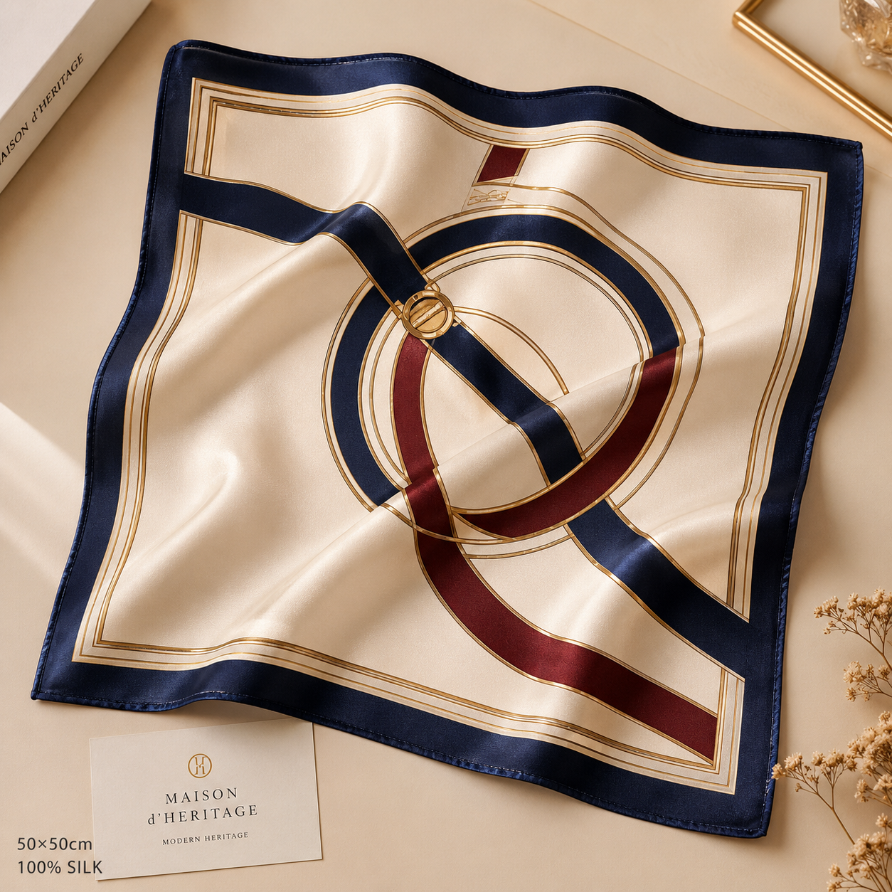 100% silk square scarf styled with travel accessories
