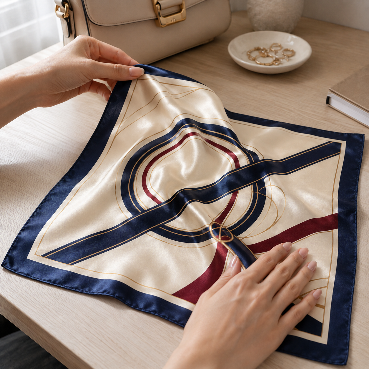 Woman wearing a navy and burgundy silk square scarf with a blazer