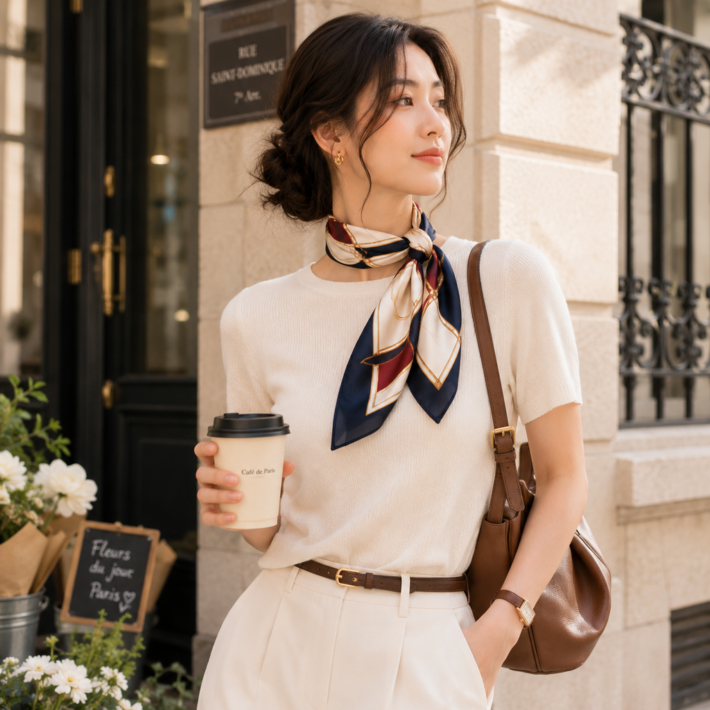 Woman wearing a navy and burgundy silk square scarf with a cream sweater