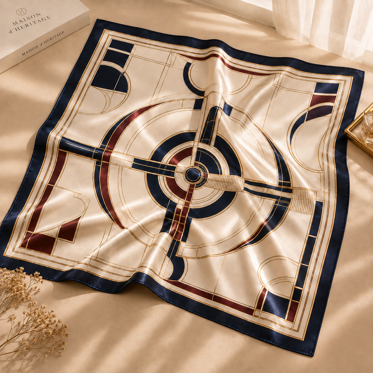 Handmade 24K Gold Thread Silk Scarf - Navy & Cream Geometric