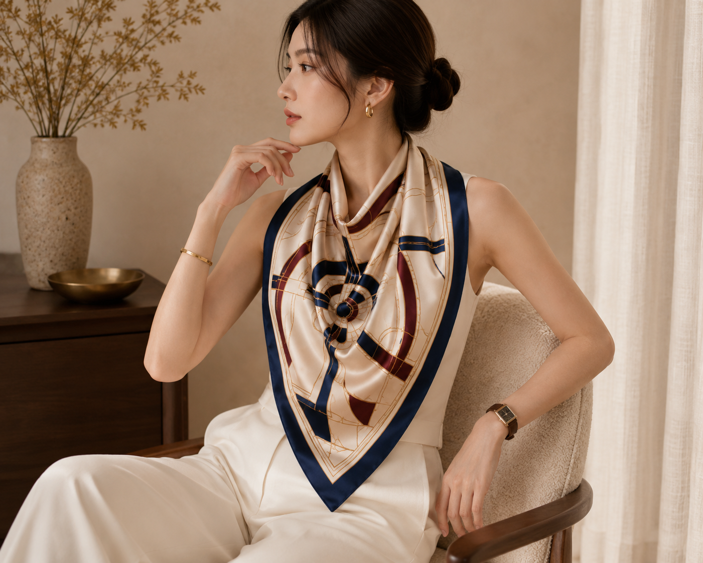 Handmade 24K Gold Thread Silk Scarf - Navy & Cream Geometric