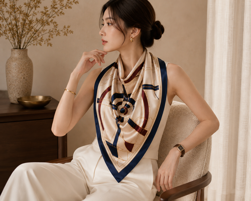 Handmade 24K Gold Thread Silk Scarf - Navy & Cream Geometric