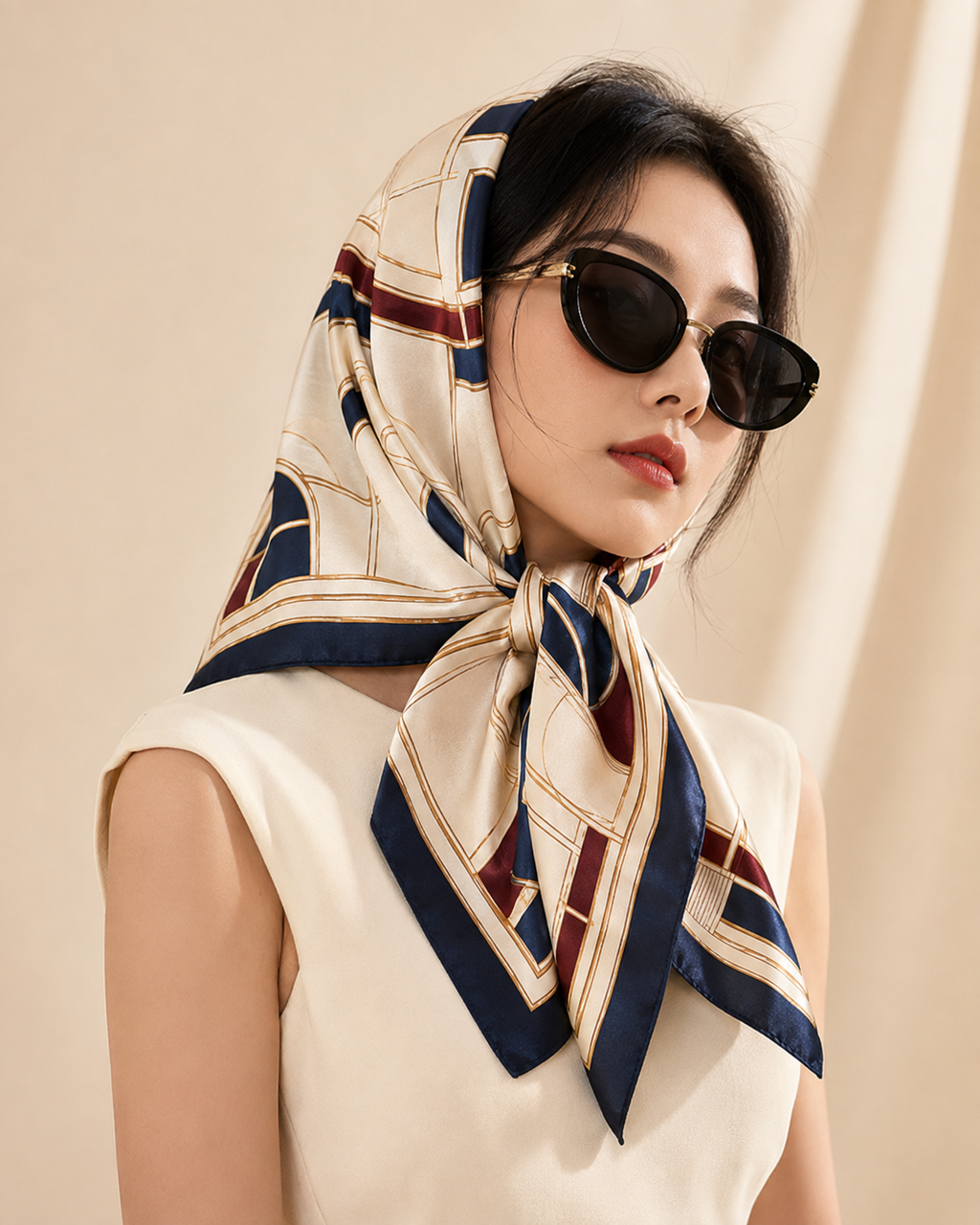 Handmade 24K Gold Thread Silk Scarf - Navy & Cream Geometric