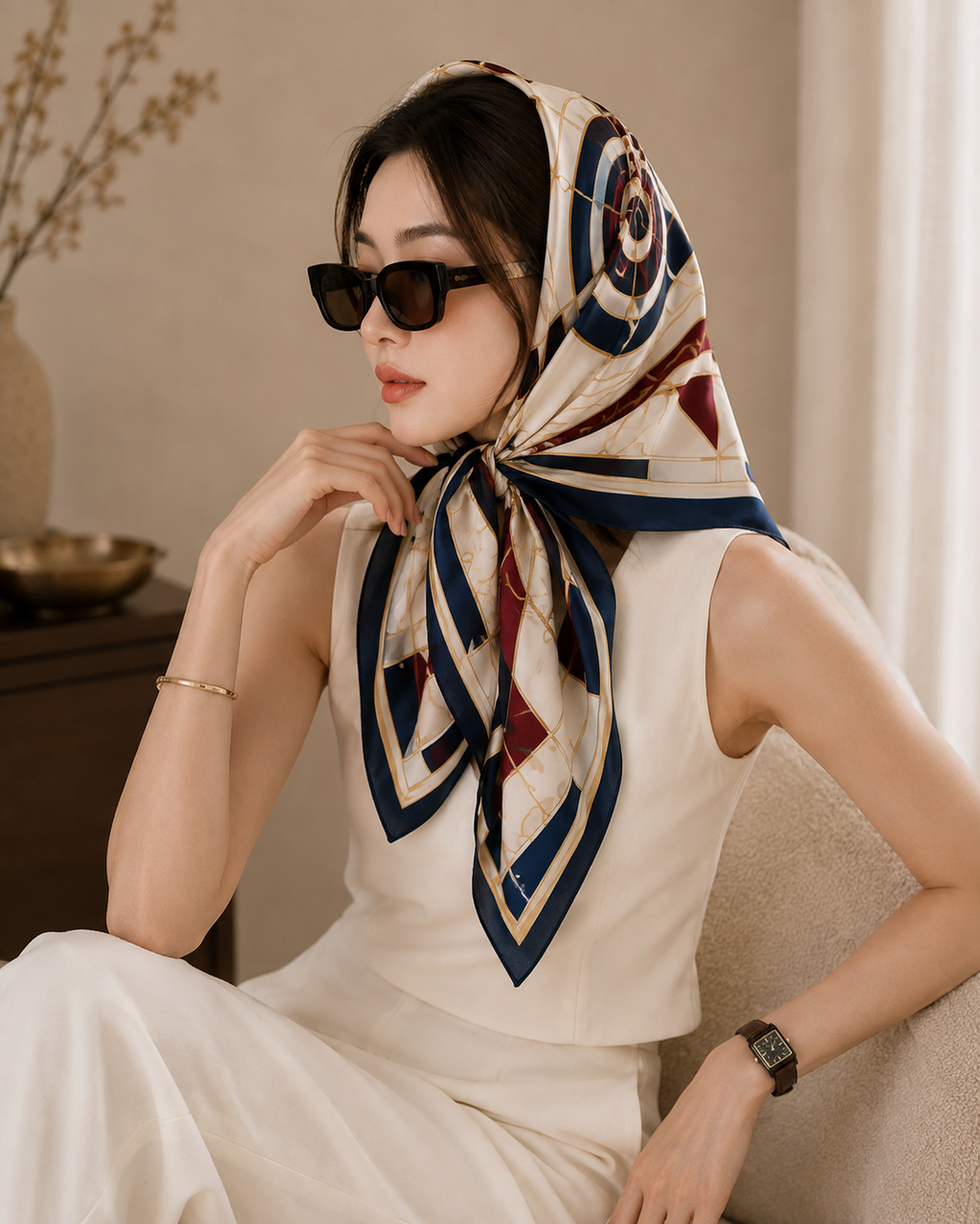 Handmade 24K Gold Thread Silk Scarf - Navy & Cream Geometric