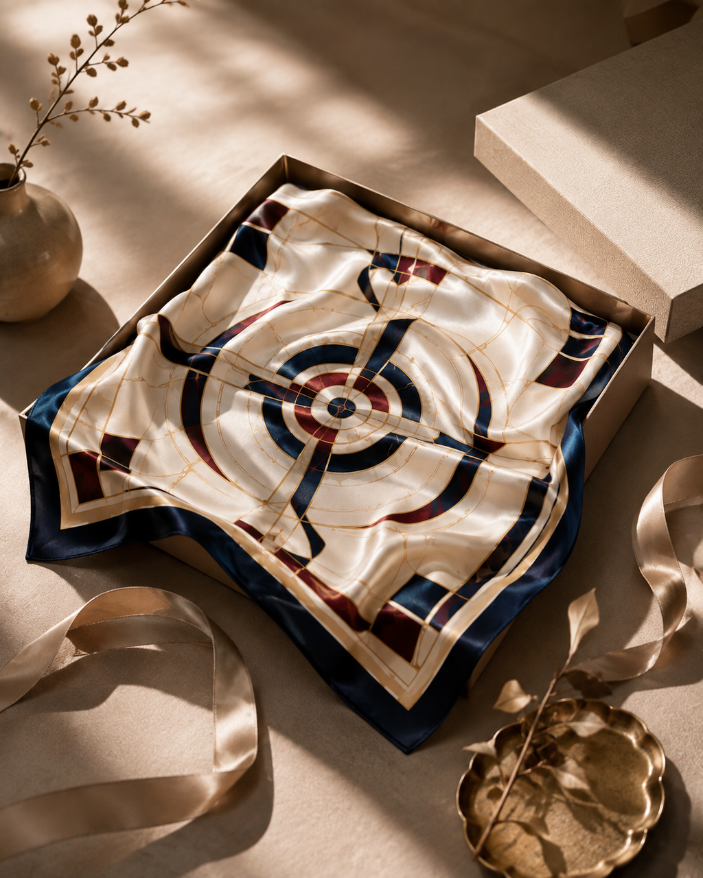 Handmade 24K Gold Thread Silk Scarf - Navy & Cream Geometric