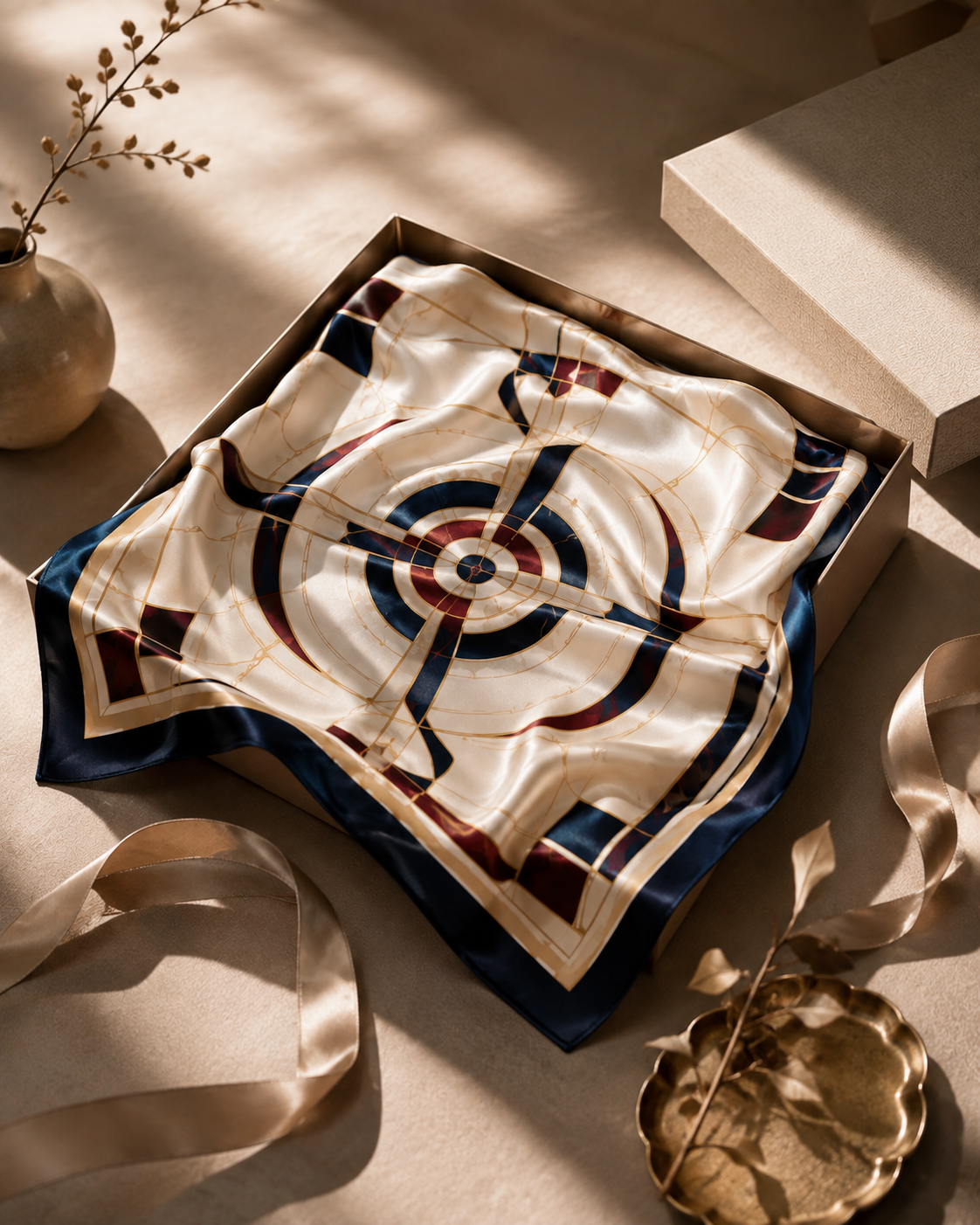 Handmade 24K Gold Thread Silk Scarf - Navy & Cream Geometric