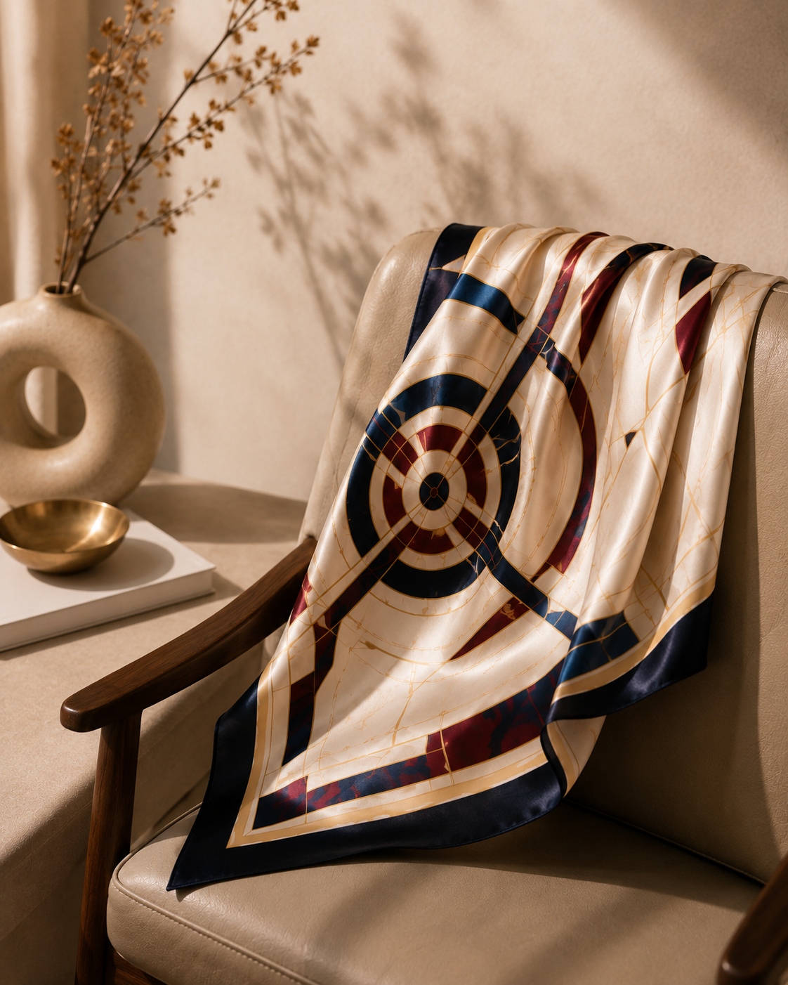 Handmade 24K Gold Thread Silk Scarf - Navy & Cream Geometric
